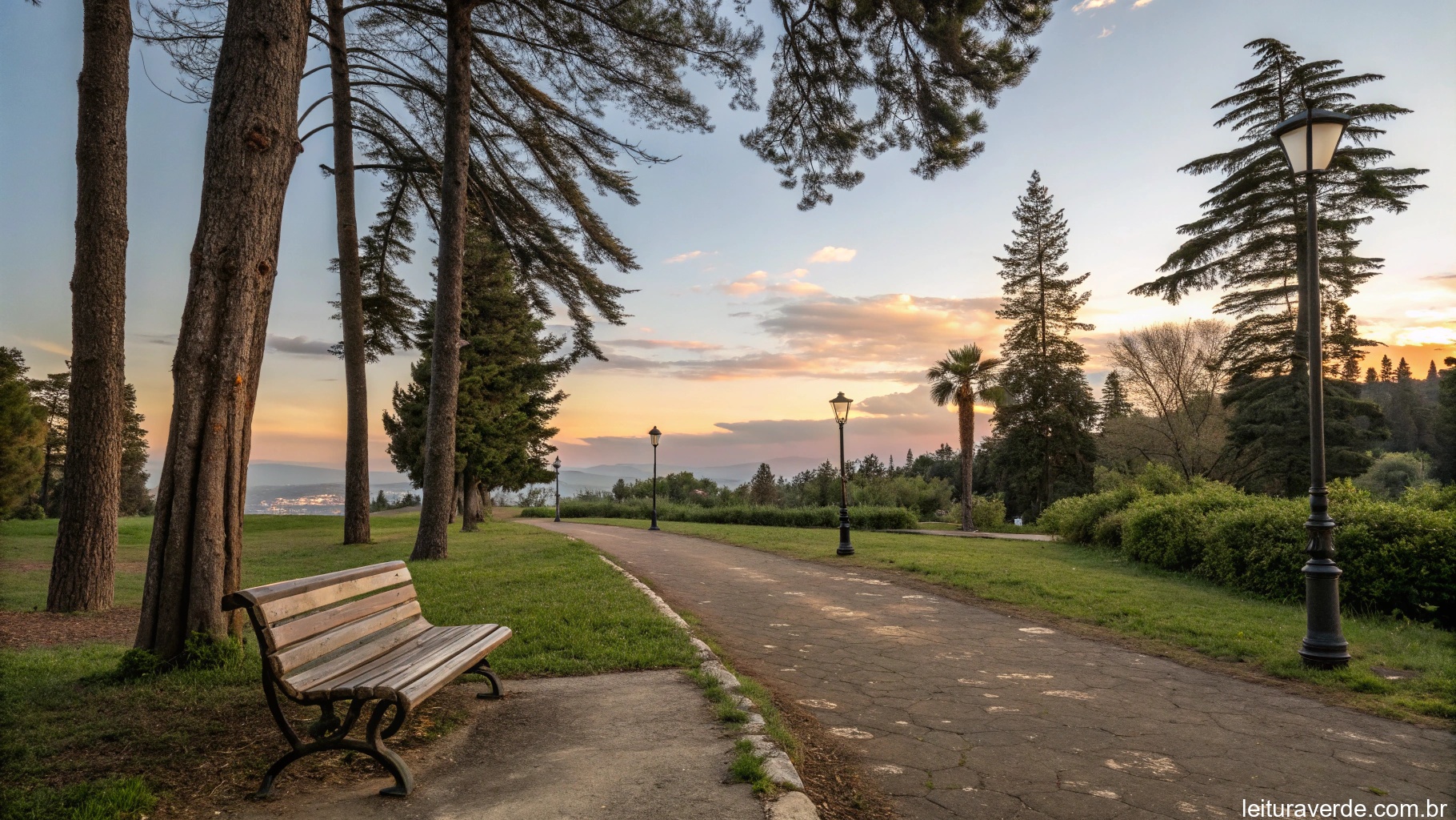 Imagem de uma cena tranquila em um parque com um banco de madeira, árvores altas e um caminho iluminado pela luz suave do final da tarde