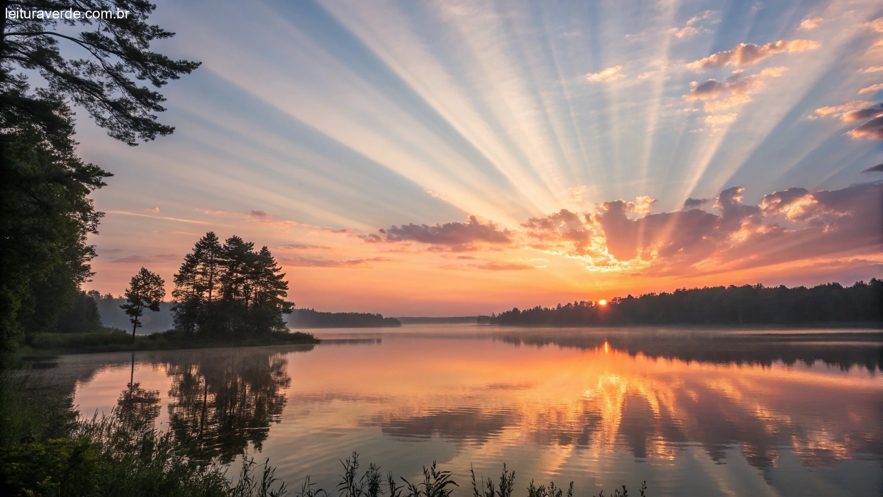 Nascer do sol brilhante sobre um lago calmo, com raios de luz se espalhando pela água, simbolizando mensagens de inspiração para o dia