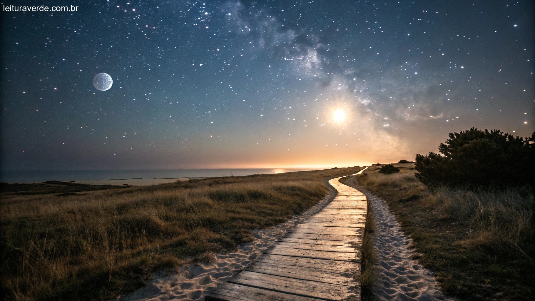 Cena motivacional com um caminho iluminado pela lua levando a um horizonte brilhante