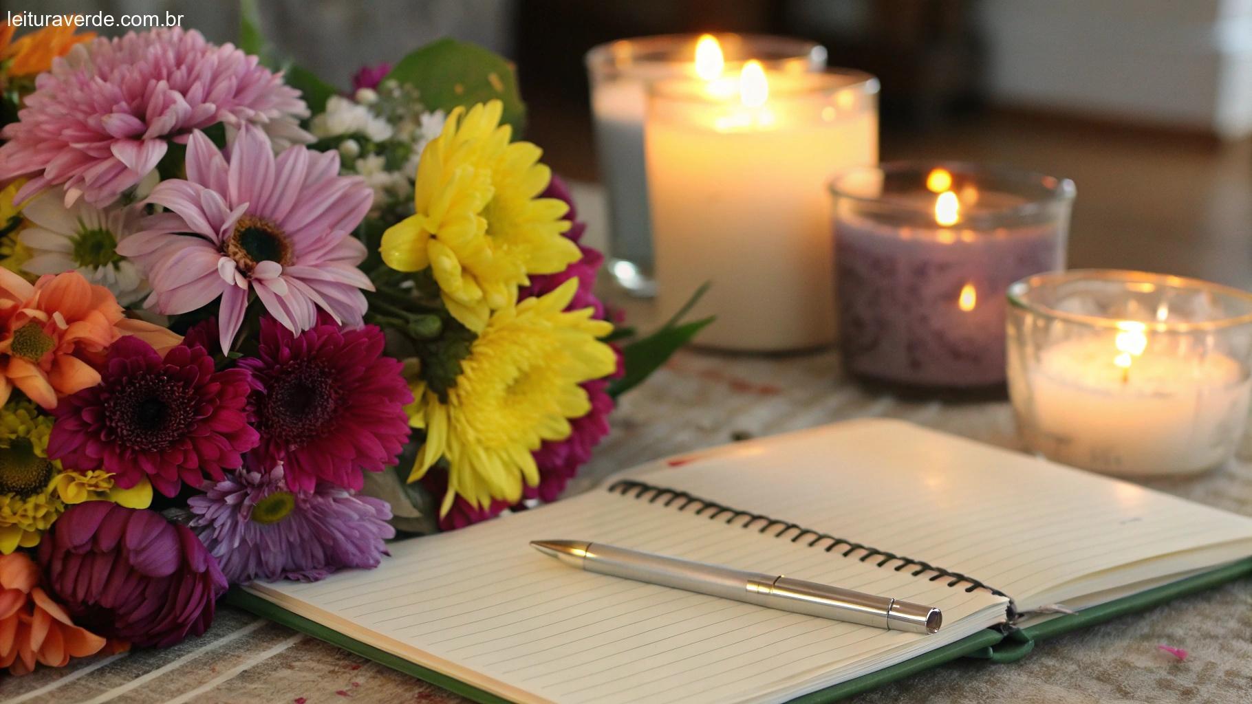 Arranjo colorido de flores, velas e um caderno com uma caneta, criando uma atmosfera acolhedora e convidativa