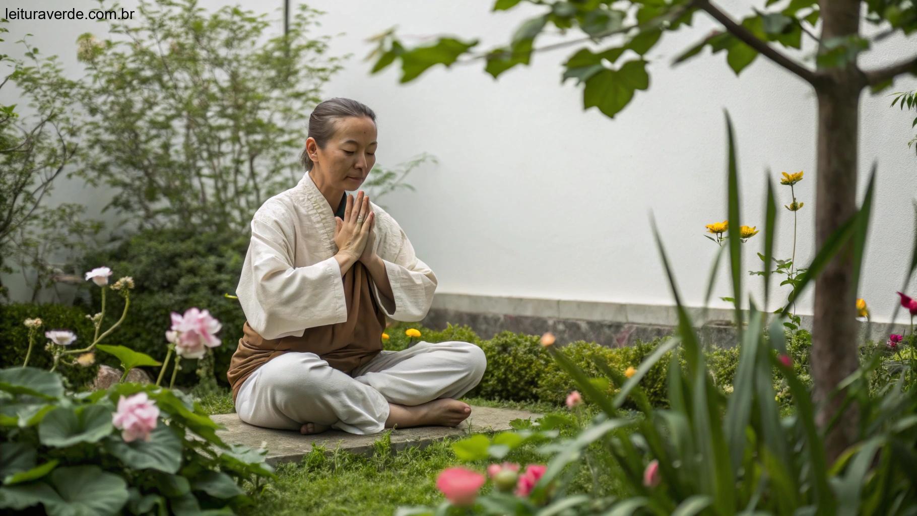 Uma pessoa sentada em um jardim tranquilo com as mãos juntas em oração, simbolizando um momento de gratidão