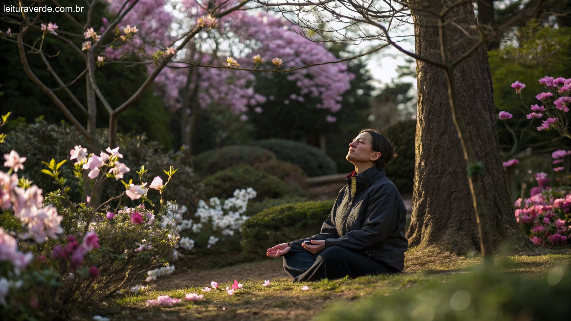 Pessoa meditando em um jardim tranquilo, cercada por flores desabrochando, representando o significado dos salmos na vida diária