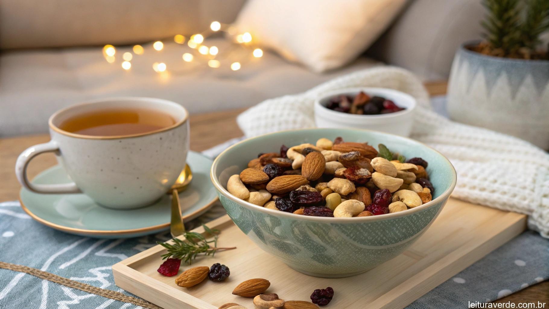 Lanche leve e refrescante para a noite com uma tigela de mix de castanhas, frutas secas e uma xícara de chá de ervas, em um cenário de sala aconchegante com iluminação suave