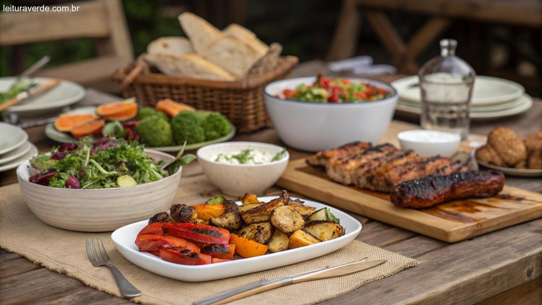 Mesa de jantar rústica com uma variedade de pratos deliciosos, incluindo legumes assados, carnes grelhadas e saladas frescas