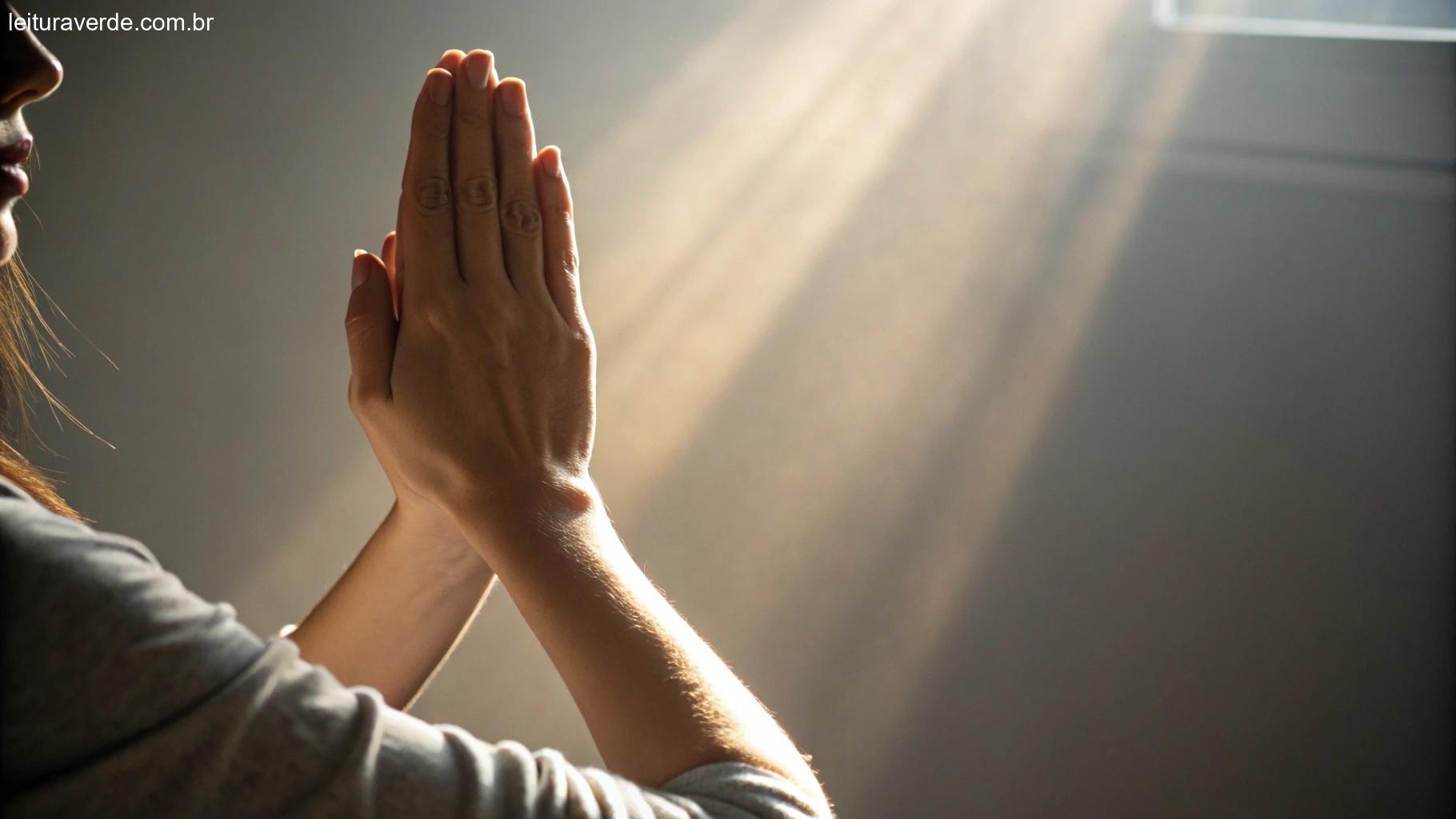 Mãos unidas em oração, com uma luz suave iluminando a cena, simbolizando um momento de devoção e reflexão