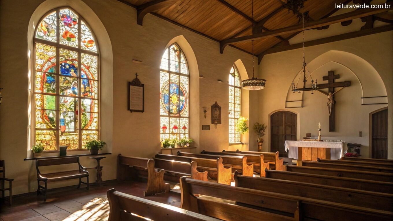 Igreja tranquila com luz do sol entrando pelos vitrais, bancos de madeira e um altar simples