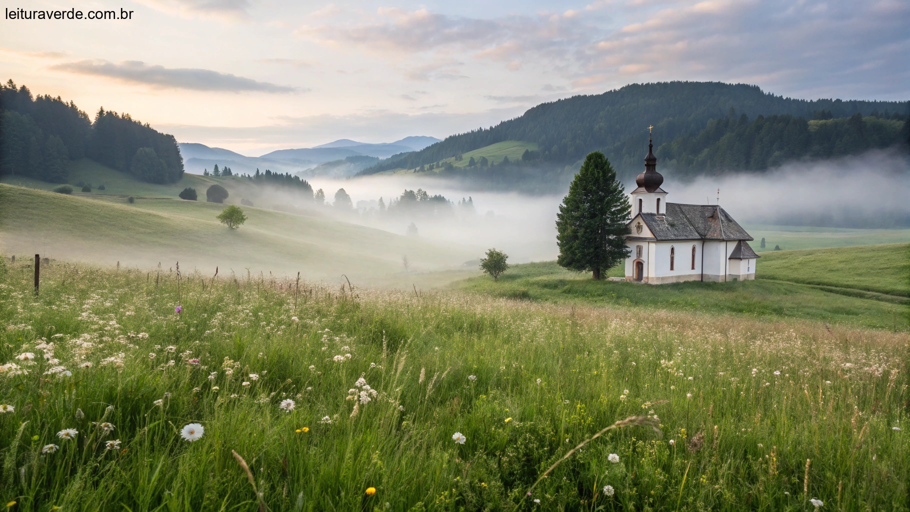 Uma capela tranquila no meio de um campo com luz suave da manhã e uma leve neblina, evocando uma sensação de bênção e calma