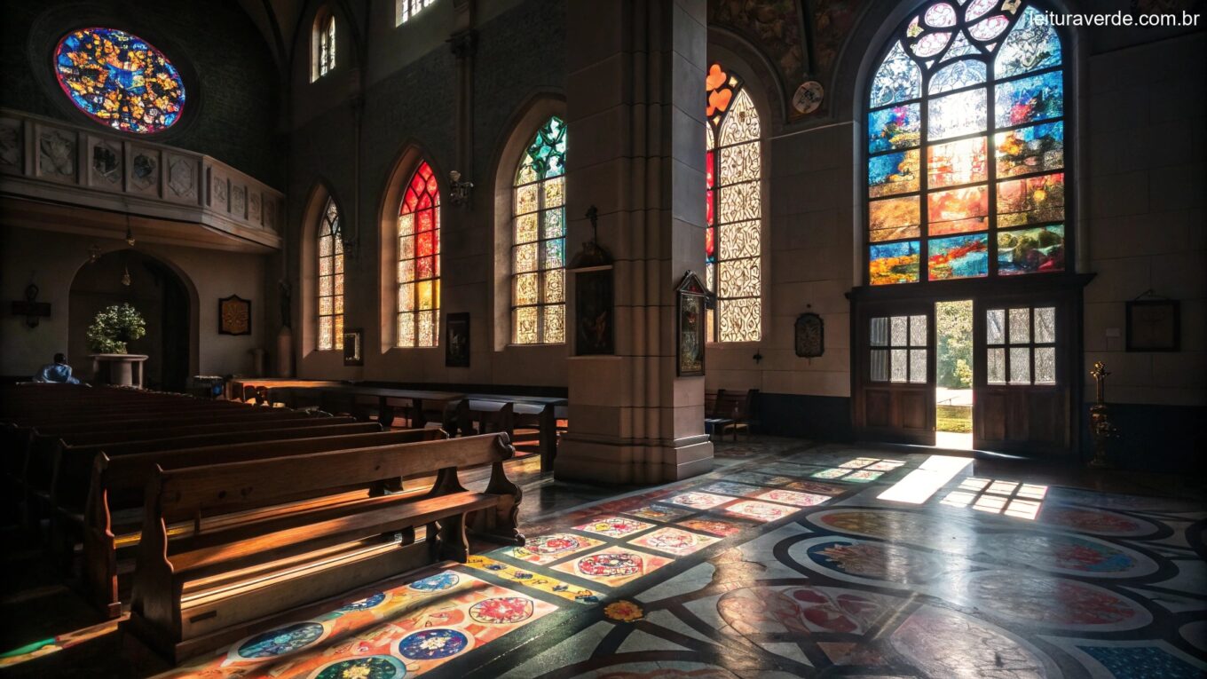 Igreja tranquila com luz do sol entrando pelos vitrais