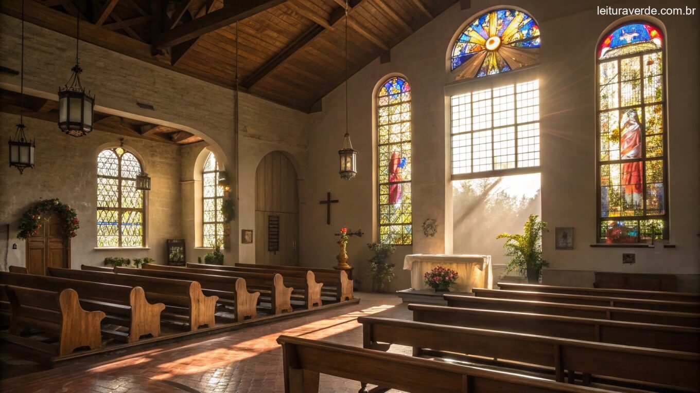 Igreja tranquila com luz do sol entrando pelos vitrais, bancos de madeira e um altar sereno.