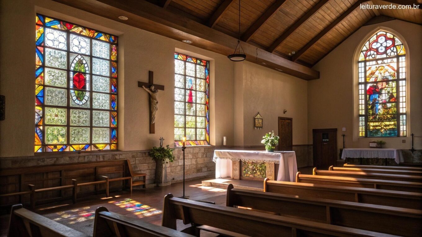 Igreja tranquila com luz suave entrando por vitrais, bancos de madeira e um altar simples