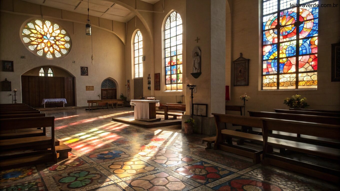 Interior de uma igreja serena com luz do sol suave entrando pelos vitrais, criando uma atmosfera pacífica e espiritual