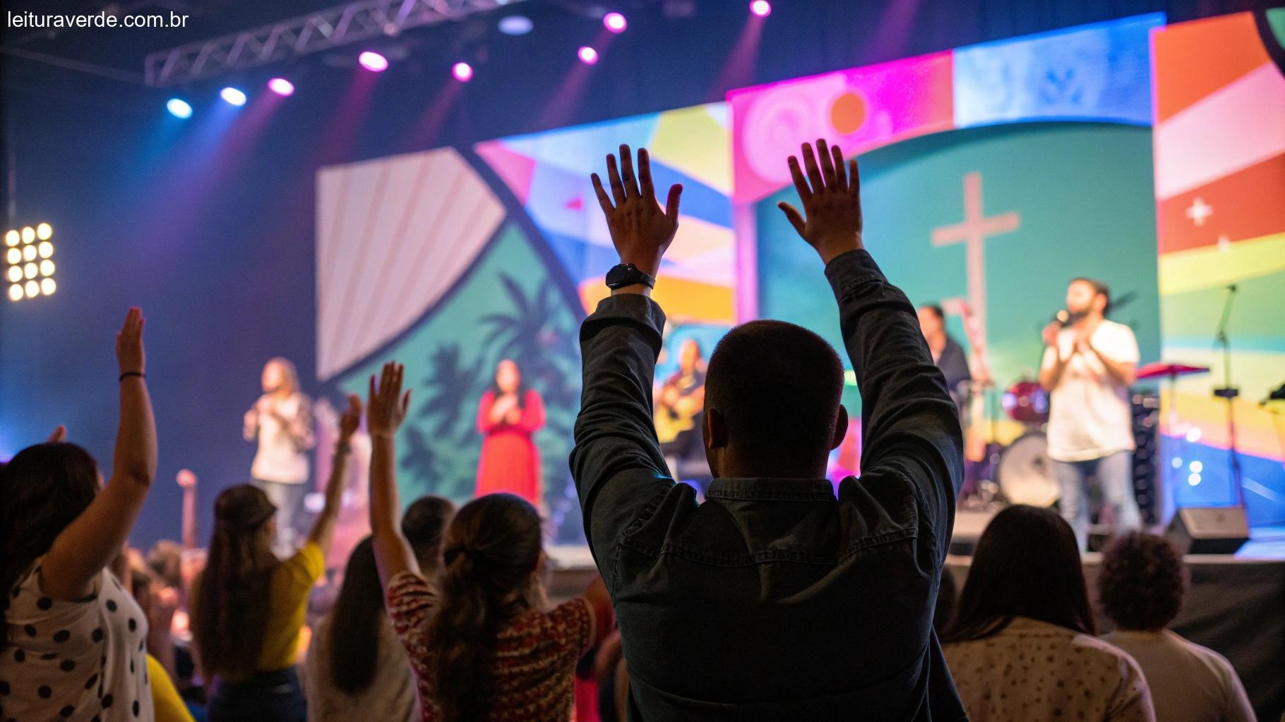 Cena de culto evangélico com mãos levantadas em adoração e um palco colorido