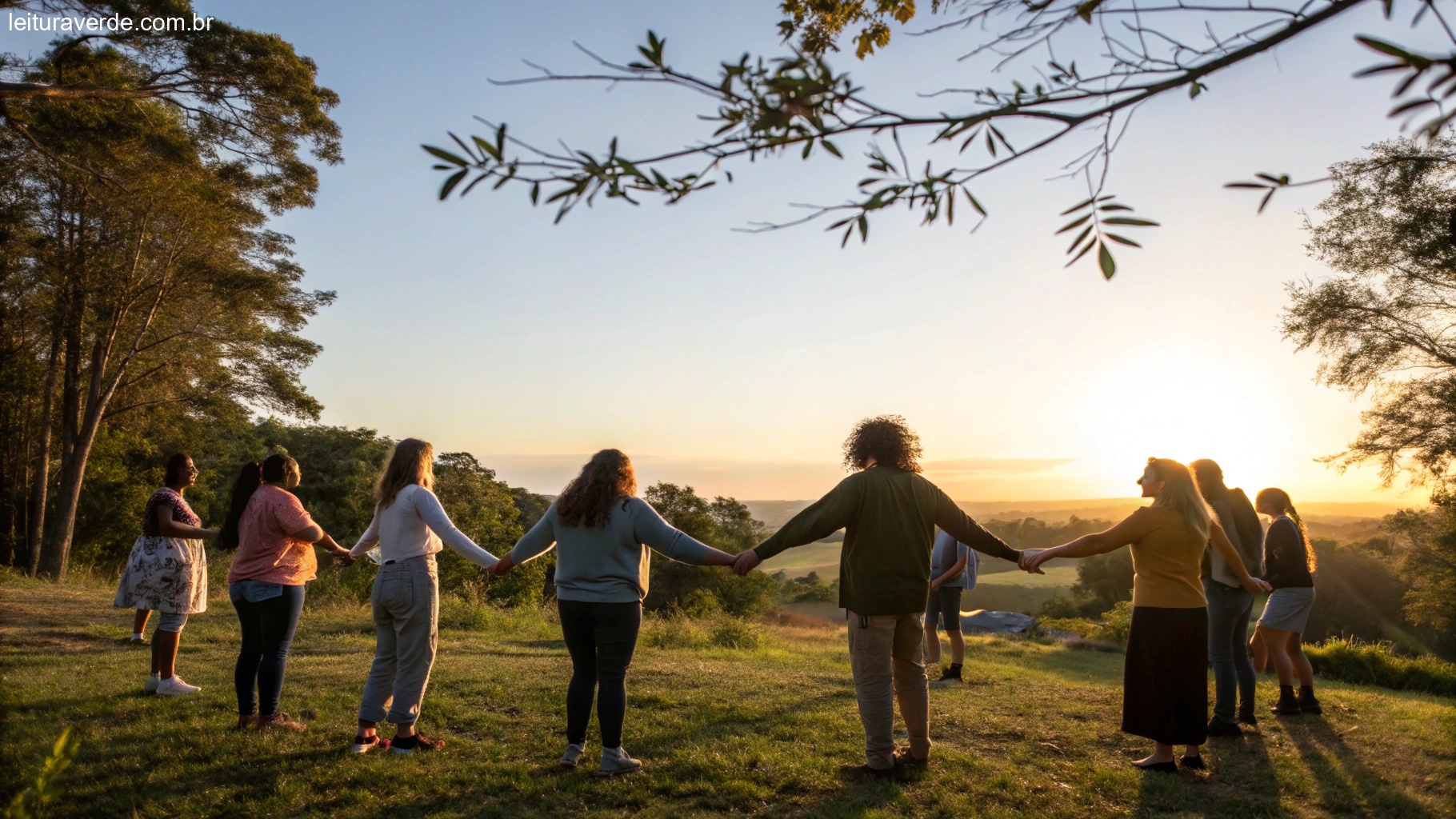 Grupo de pessoas de mãos dadas em um círculo, orando juntas em um ambiente natural ao ar livre com um pôr do sol dourado ao fundo