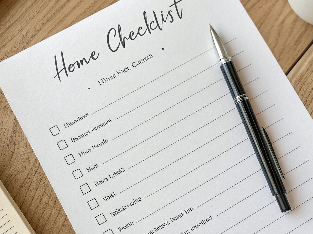 Checklist simples em uma mesa de madeira com uma caneta ao lado, representando uma rotina doméstica organizada.