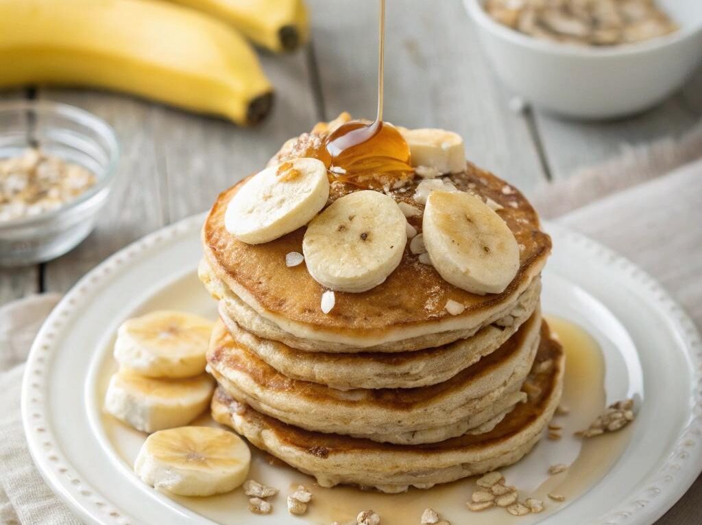 Panquecas de banana saudáveis em uma pilha, com mel e fatias de banana por cima, em um prato branco sobre uma mesa de madeira.