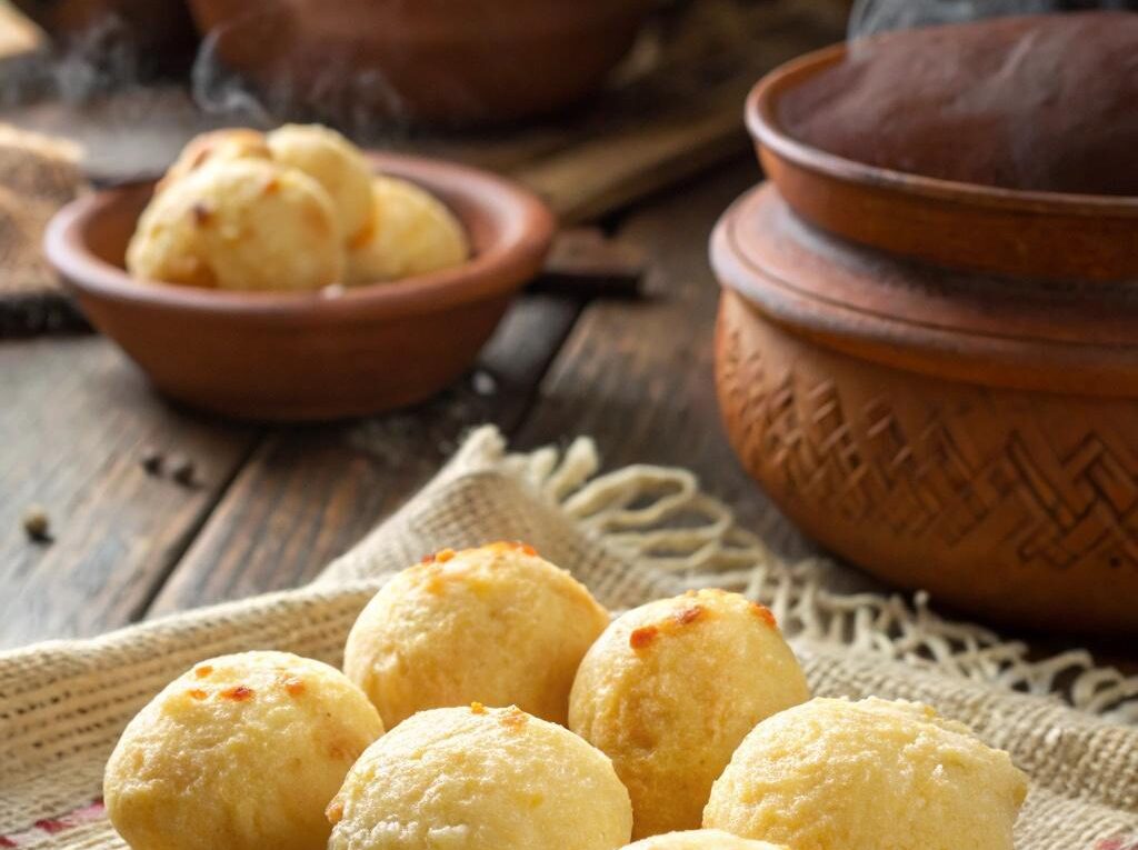 Pães de queijo dourados e crocantes dispostos em uma mesa rústica