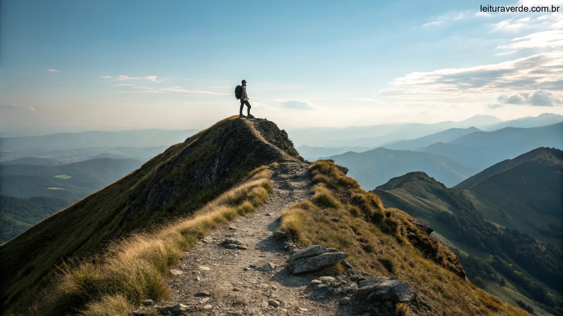 Um caminhante solitário alcançando o cume de uma montanha íngreme, com uma vasta paisagem visível ao fundo, representando perseverança e superação de desafios