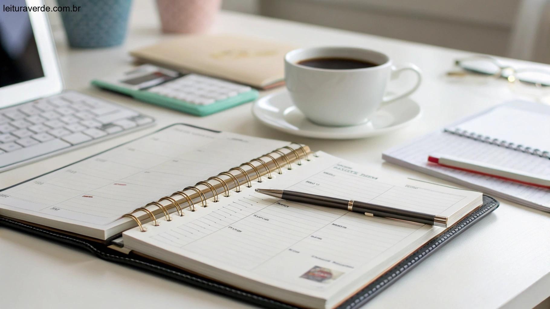 Uma mesa organizada com um planejador, cadernos e uma xícara de café, pronta para uma semana produtiva