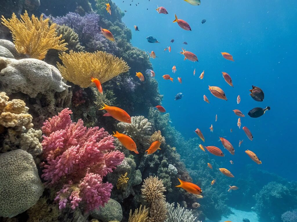 Cena subaquática serena com recifes de coral vibrantes e peixes coloridos, simbolizando emoções e atenção aos detalhes