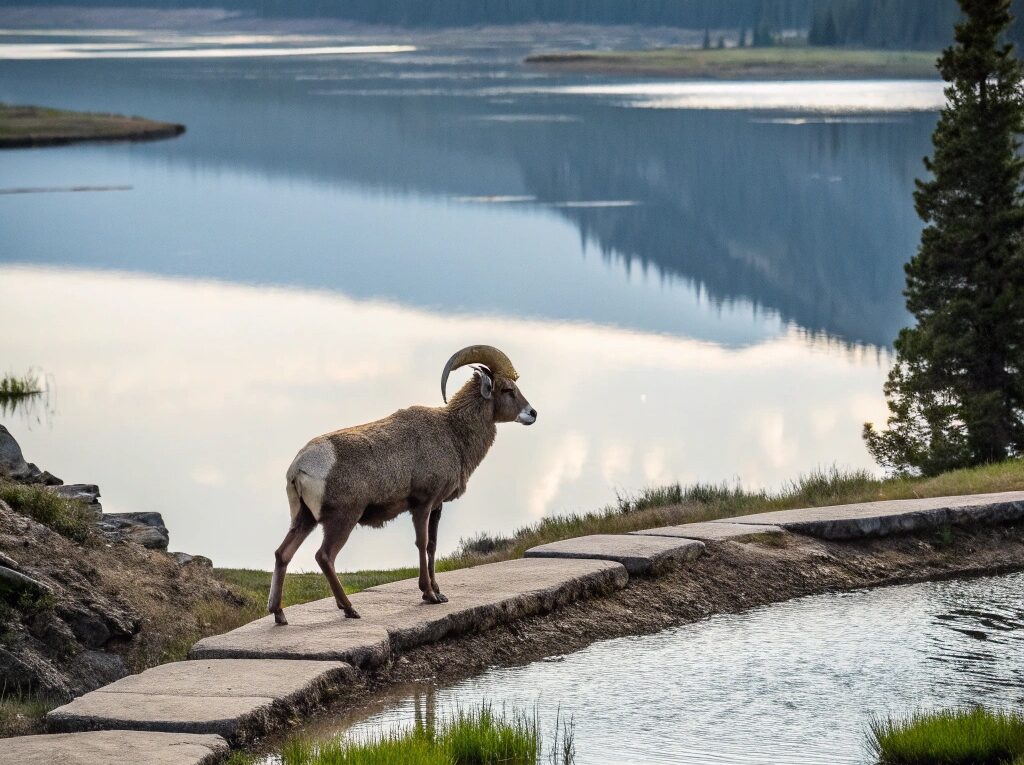 Paisagem serena com um carneiro simbolizando Áries, cercado por água reflexiva e caminhos estratégicos