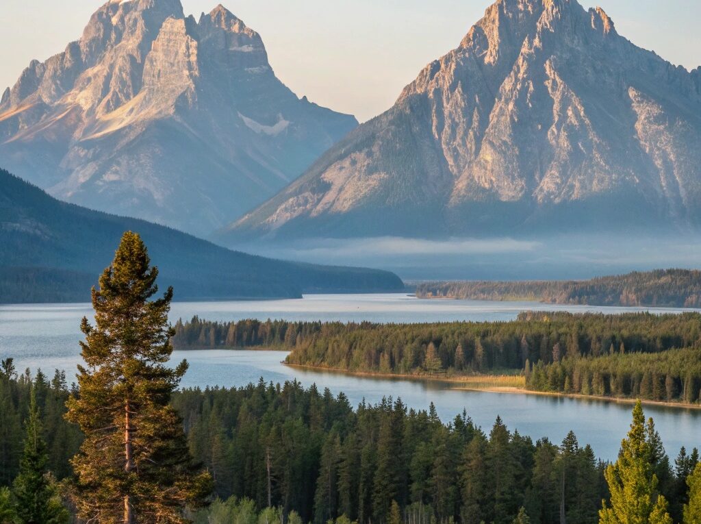 Paisagem serena com montanhas gêmeas sob um céu claro, simbolizando foco, trabalho e saúde