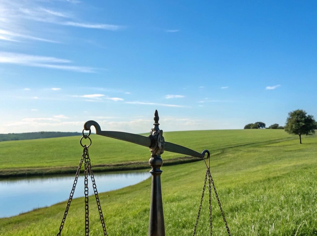 Paisagem serena com uma balança equilibrada em primeiro plano, simbolizando harmonia no trabalho, saúde e vida pessoal para Libra em 21 de janeiro de 2025.