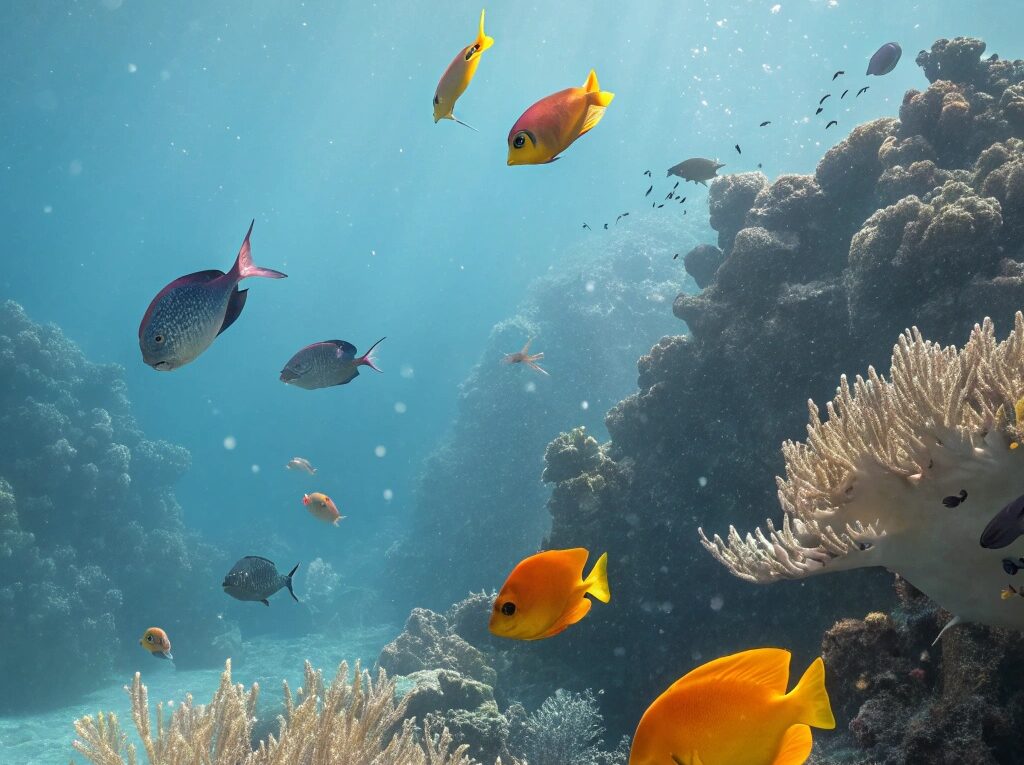 Cena subaquática serena com peixes coloridos nadando graciosamente entre recifes de coral, sob uma luz suave e cintilante.