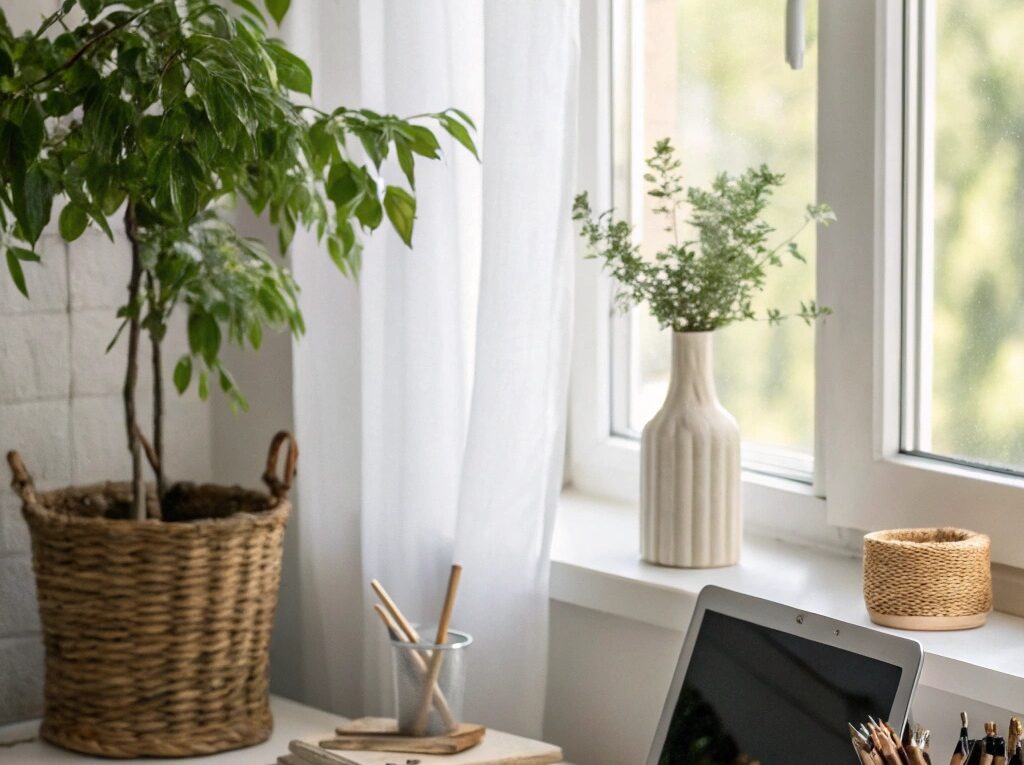 Um espaço de trabalho sereno e organizado, com uma mesa arrumada, um vaso de planta e luz natural entrando pela janela, simbolizando equilíbrio e organização.