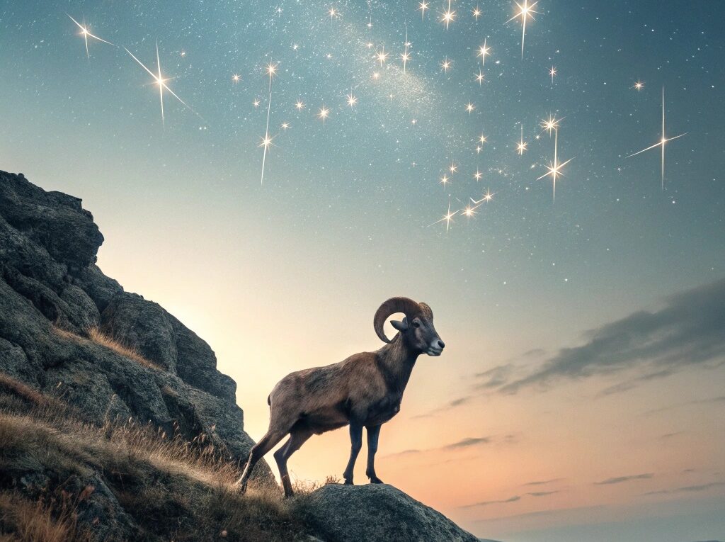 Paisagem mística com um carneiro simbolizando Áries, cercado por estrelas brilhantes e um equilíbrio de luz e sombra representando oportunidades e desafios