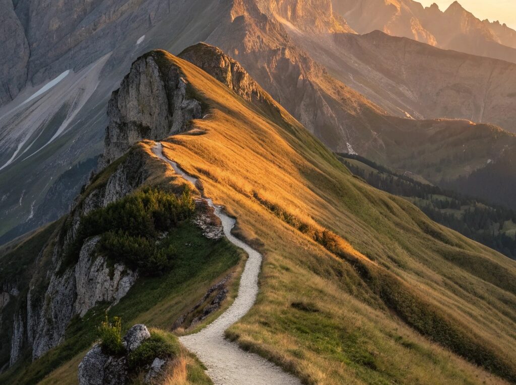 Paisagem serena de montanha ao nascer do sol, simbolizando foco e determinação, com um caminho claro levando ao pico