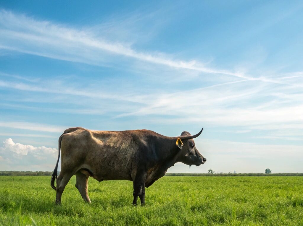 Touro sereno em um campo verde sob um céu azul, simbolizando estabilidade e reflexão sobre finanças e relacionamentos.
