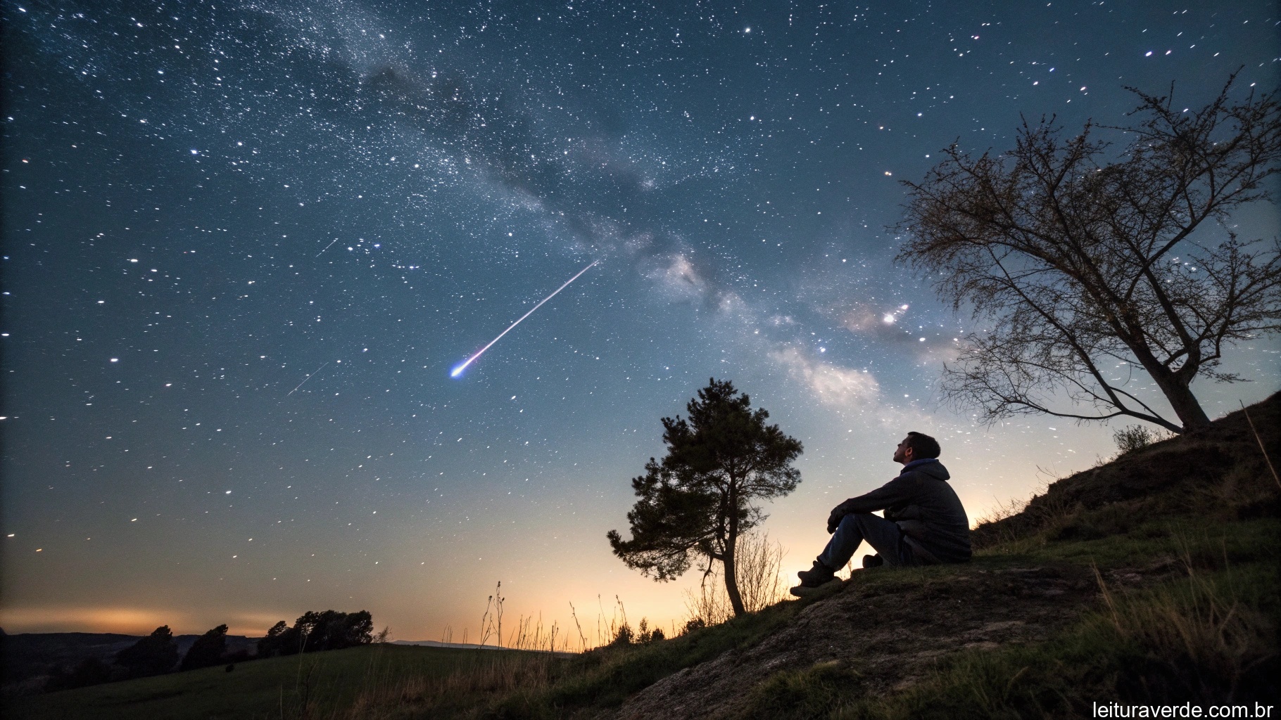 Um céu estrelado com uma estrela cadente e uma pessoa sentada em uma colina, olhando para as estrelas, representando previsões inspiradoras