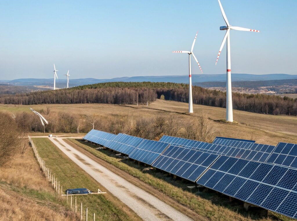 Paisagem serena com painéis solares e turbinas eólicas sob um céu azul claro, simbolizando o progresso no combate às mudanças climáticas até 2025.