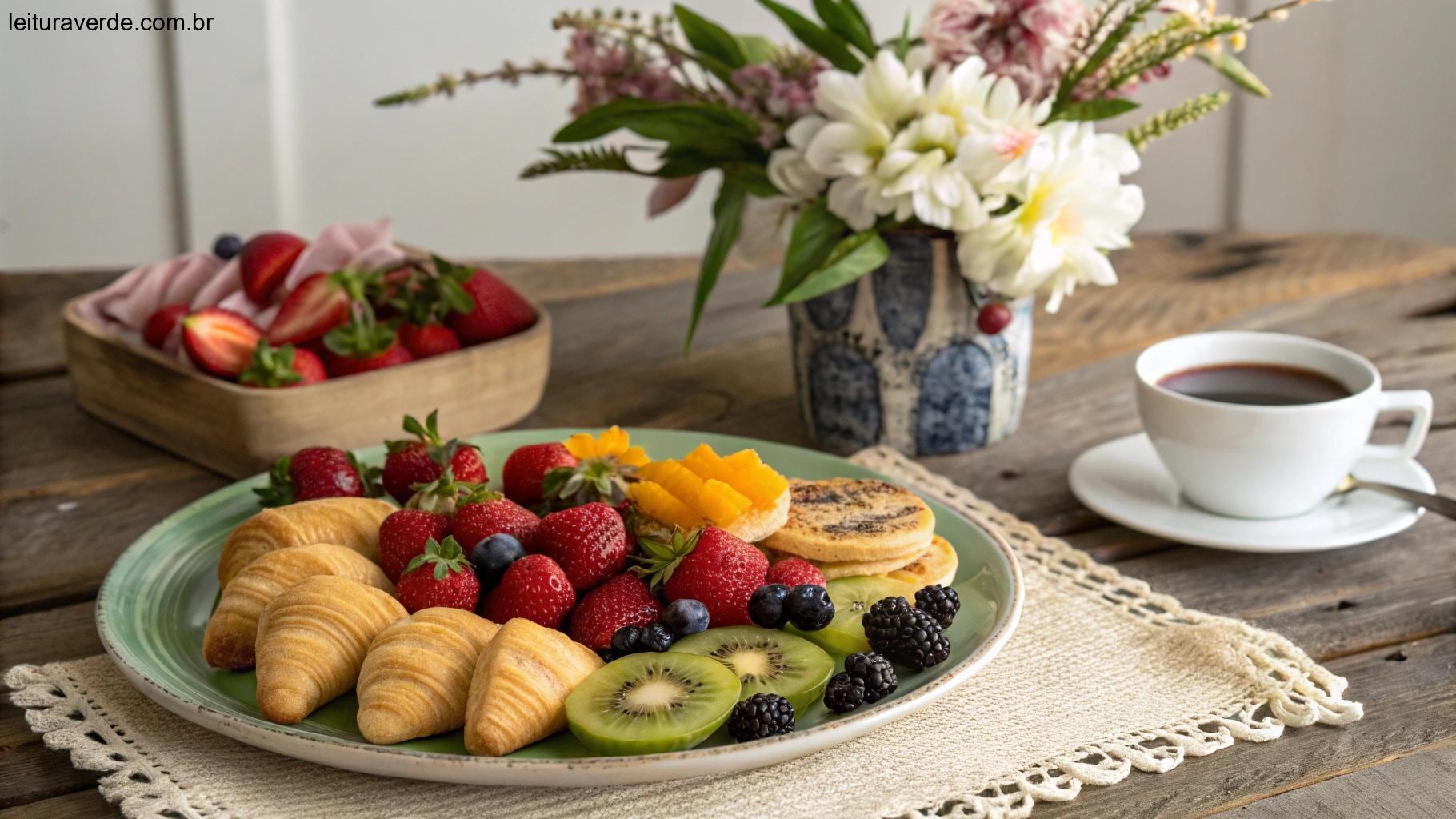 Prato bem arrumado com frutas frescas e doces em uma mesa rústica, com uma xícara de café e um vaso de flores