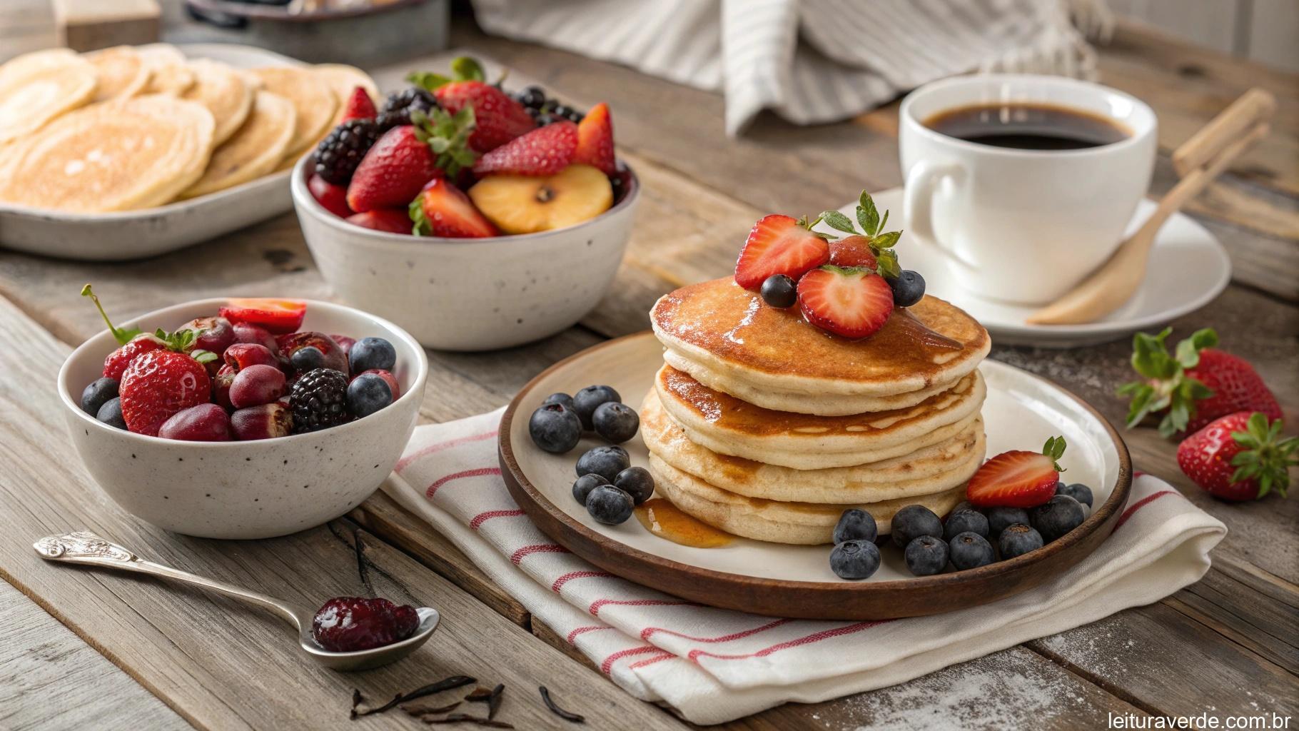 Café da manhã delicioso com panquecas, frutas e uma xícara de café, dispostos em uma mesa rústica