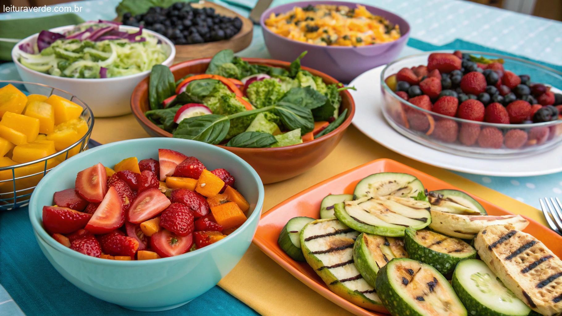 Mesa posta vibrante com uma variedade de pratos coloridos, incluindo saladas frescas, legumes grelhados e uma tigela de frutas, representando opções de refeições saudáveis e deliciosas