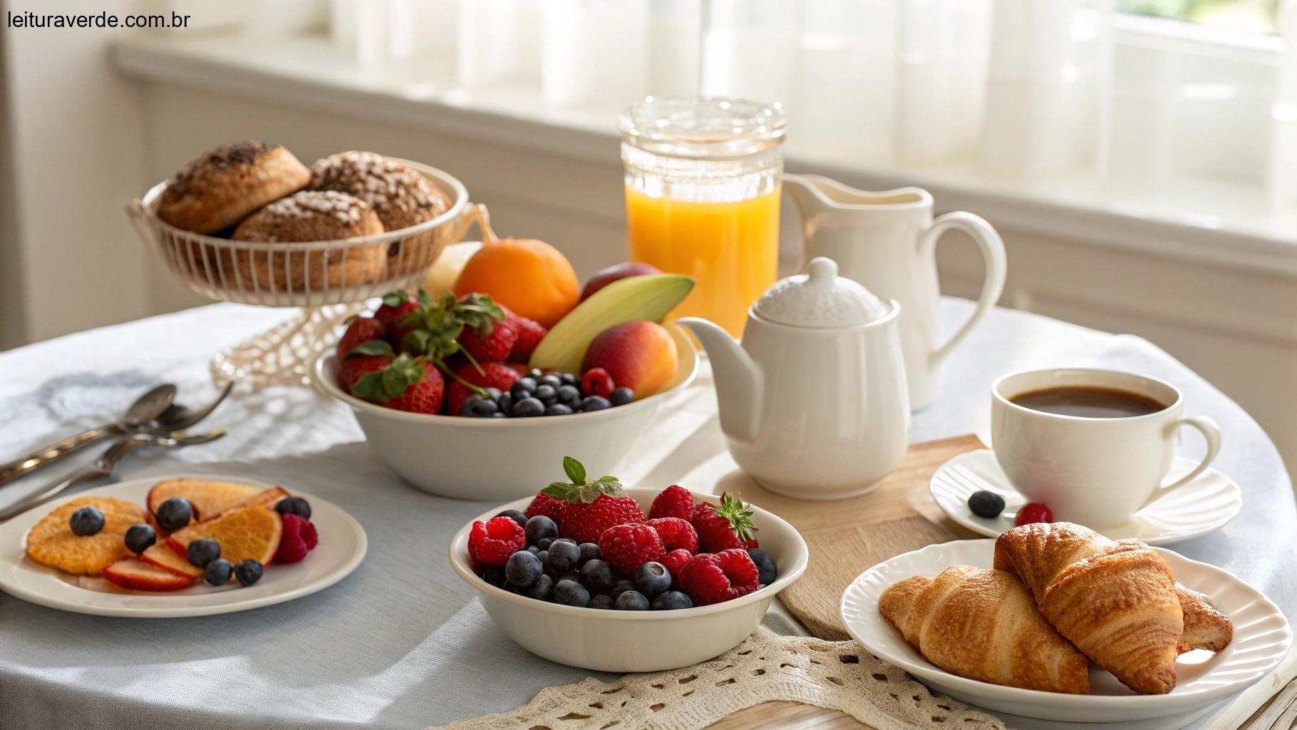 Mesa de café da manhã arrumada com frutas frescas, pastéis e uma jarra de café, iluminada pela luz suave da manhã