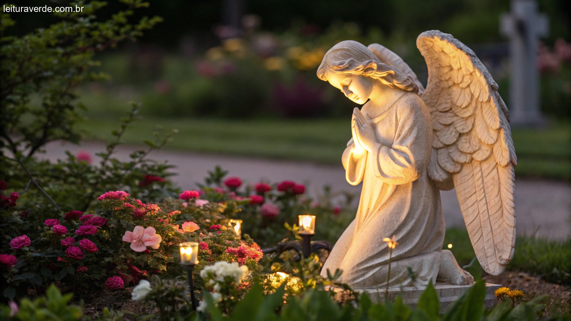 Imagem pacífica de uma estátua de anjo brilhante em um jardim, cercada por flores desabrochando e luz suave