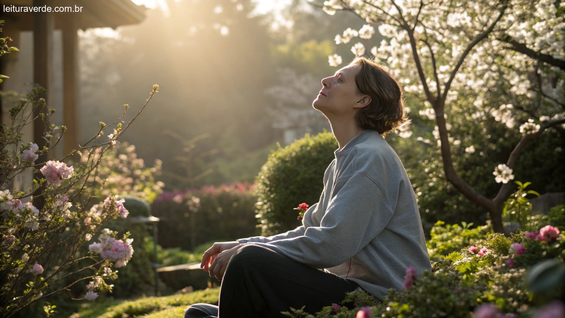 Pessoa sentada em um jardim tranquilo, de olhos fechados, cercada por flores e luz suave.