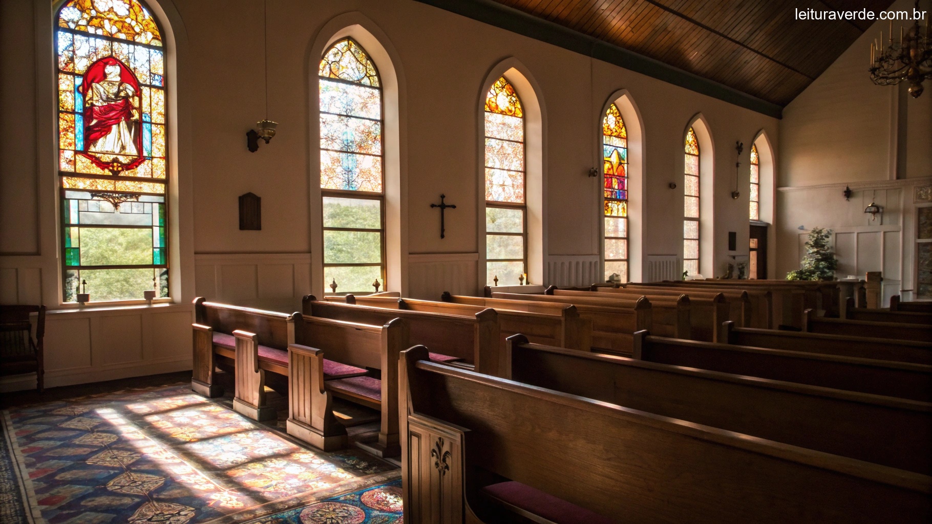 Interior tranquilo de uma igreja com luz suave passando pelos vitrais e bancos vazios