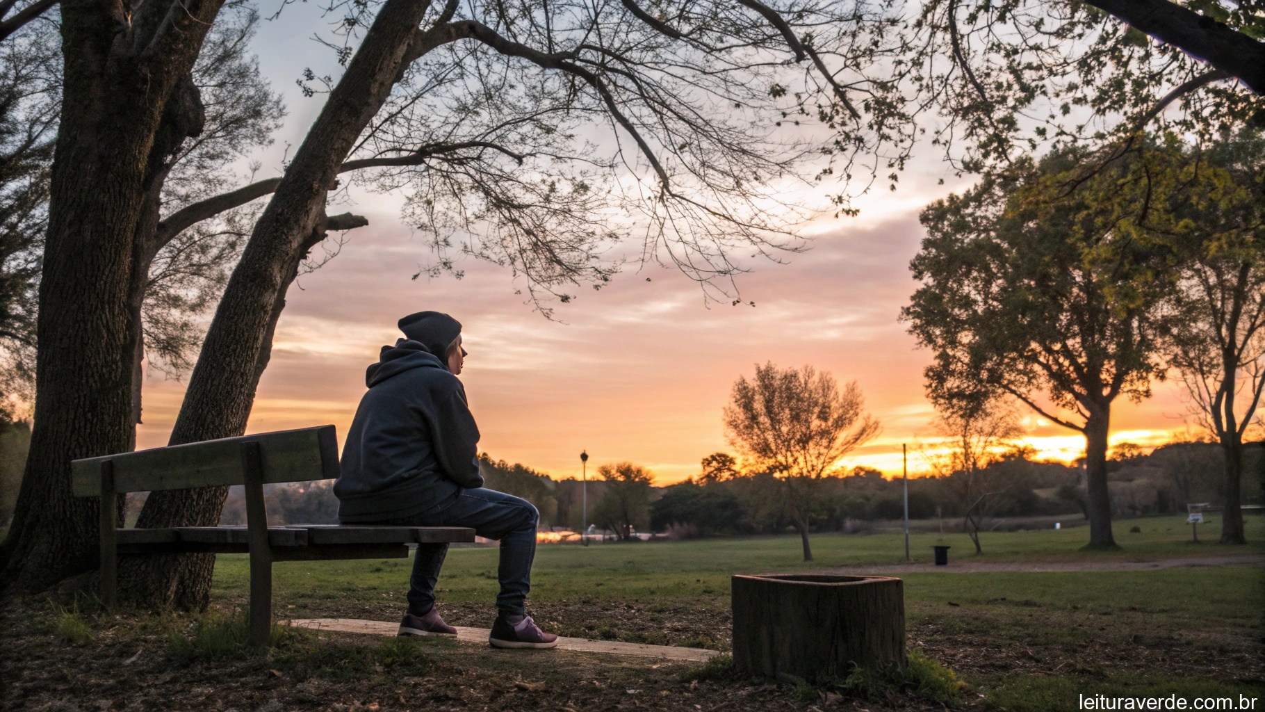 Pessoa sentada em um banco de parque, refletindo enquanto observa o pôr do sol, com uma atmosfera tranquila e contemplativa.