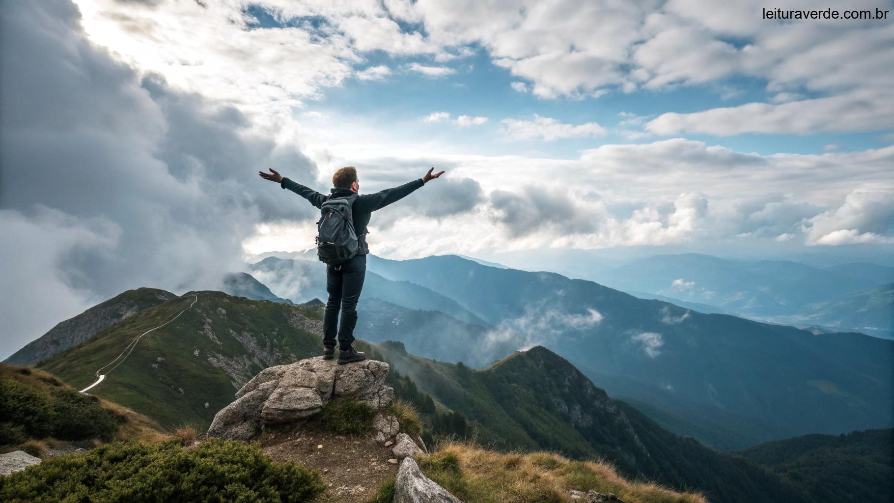 Uma pessoa em pé no pico de uma montanha com os braços abertos, olhando para o céu, simbolizando confiança em Deus