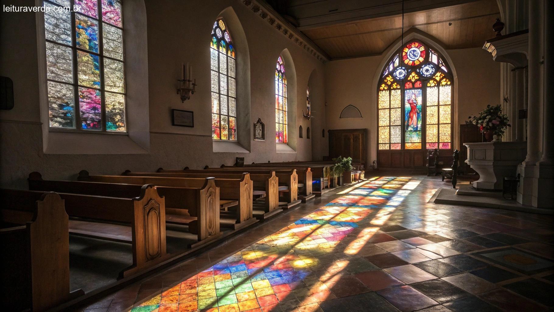 Interior silencioso de uma igreja com a luz do sol entrando por vitrais, criando uma atmosfera reflexiva e pacífica