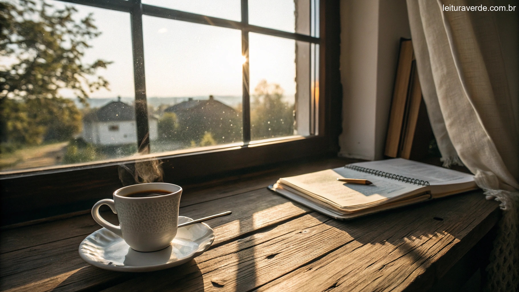 Um quarto aconchegante com uma janela mostrando um dia ensolarado, uma xícara de café sobre uma mesa de madeira e um caderno, representando reflexões para um dia abençoado