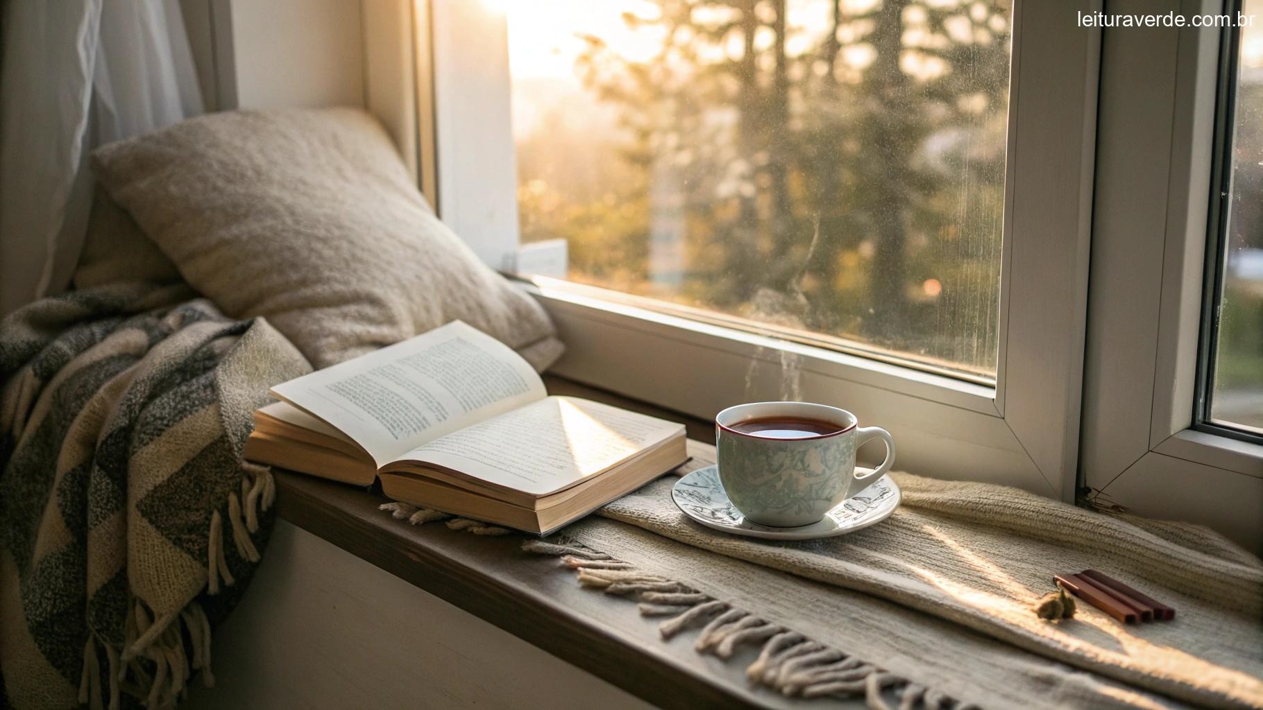 Um cantinho aconchegante para leitura perto de uma janela com uma xícara de chá, um livro e luz suave da manhã entrando, criando uma atmosfera acolhedora