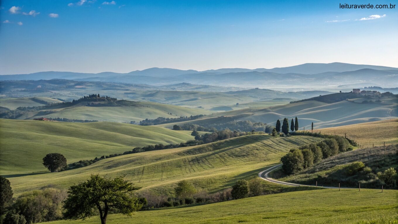 Paisagem serena com colinas onduladas e céu azul claro