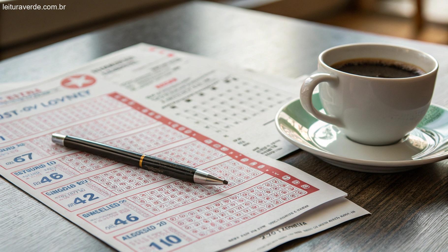 Bilhete de loteria sobre uma mesa com uma caneta e uma xícara de café