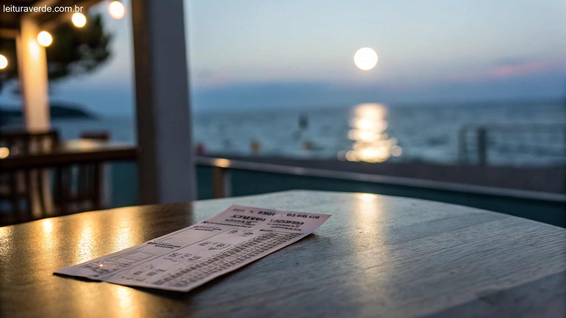 Bilhete de loteria colocado sobre uma mesa com fundo iluminado pela lua