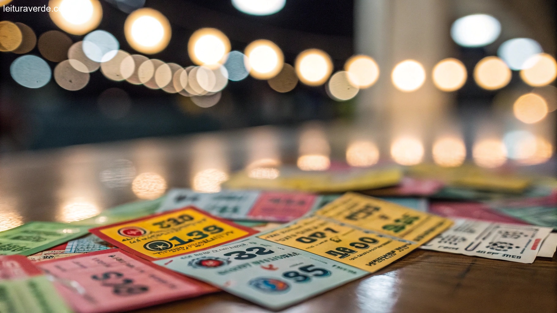 Imagem em close-up de bilhetes de loteria coloridos espalhados em uma mesa, com luzes desfocadas ao fundo