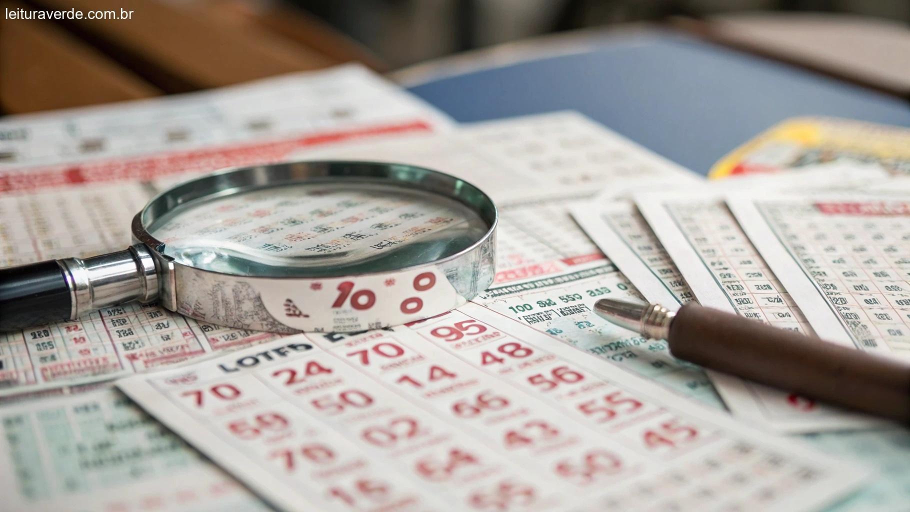 Imagem em close-up de bilhetes de loteria e uma lupa em uma mesa, com um fundo desfocado de números e gráficos